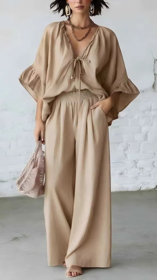 Women's Casual Vacation Two-Piece Set: Loose-Fit Cotton-Linen V-Neck Top and Wide-Leg Pants - Nordfashionstorm - Women's Clothing, Fashion for You - Nordfashionstorm.com