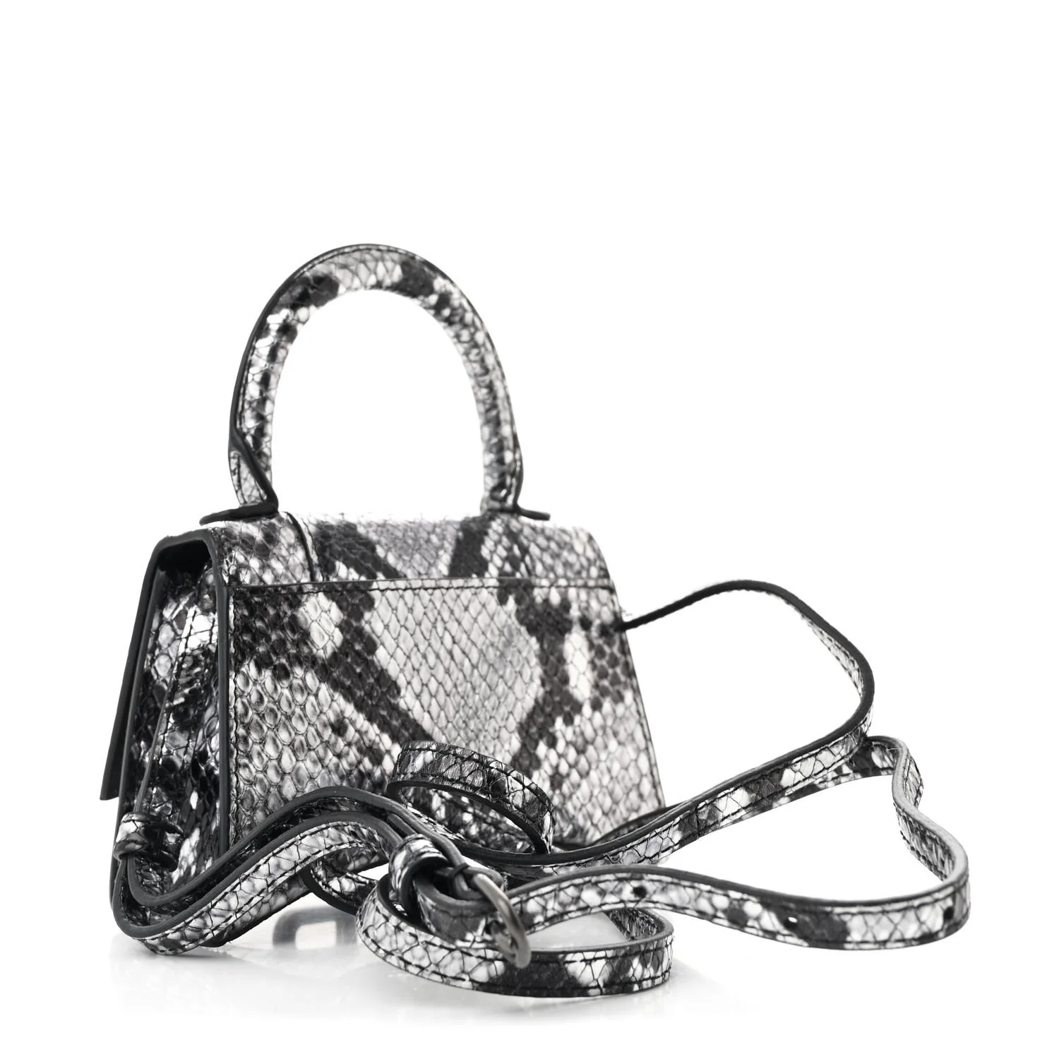 Shiny Calfskin Snakeskin Effect Hourglass Top Handle Bag Mini Silver Black - Top Club