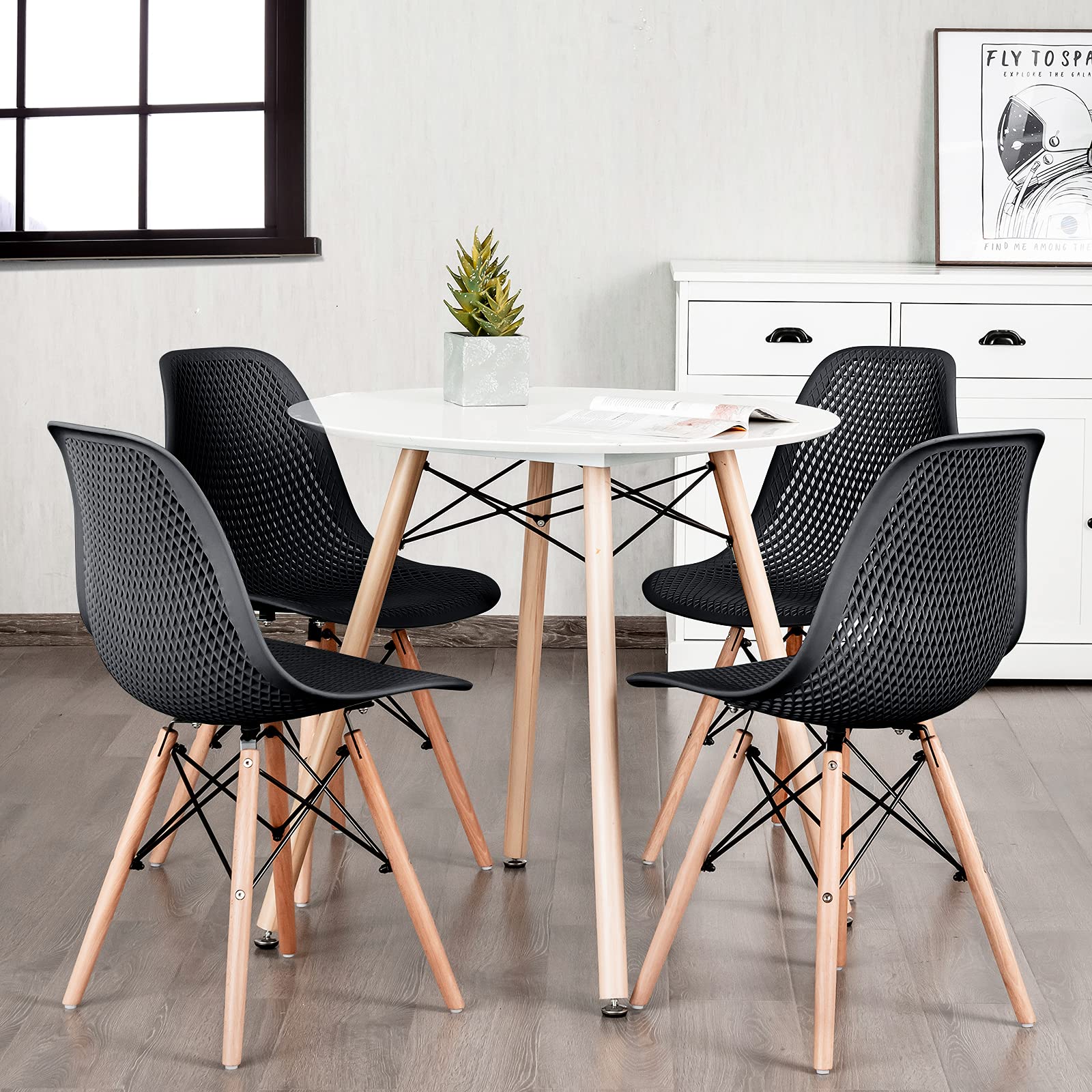 BEFOUNDLOVELY Set of 4 Modern Dining Chairs, Outdoor Indoor Shell PP Lounge Side Chairs with Mesh Design, Beech Wood Legs