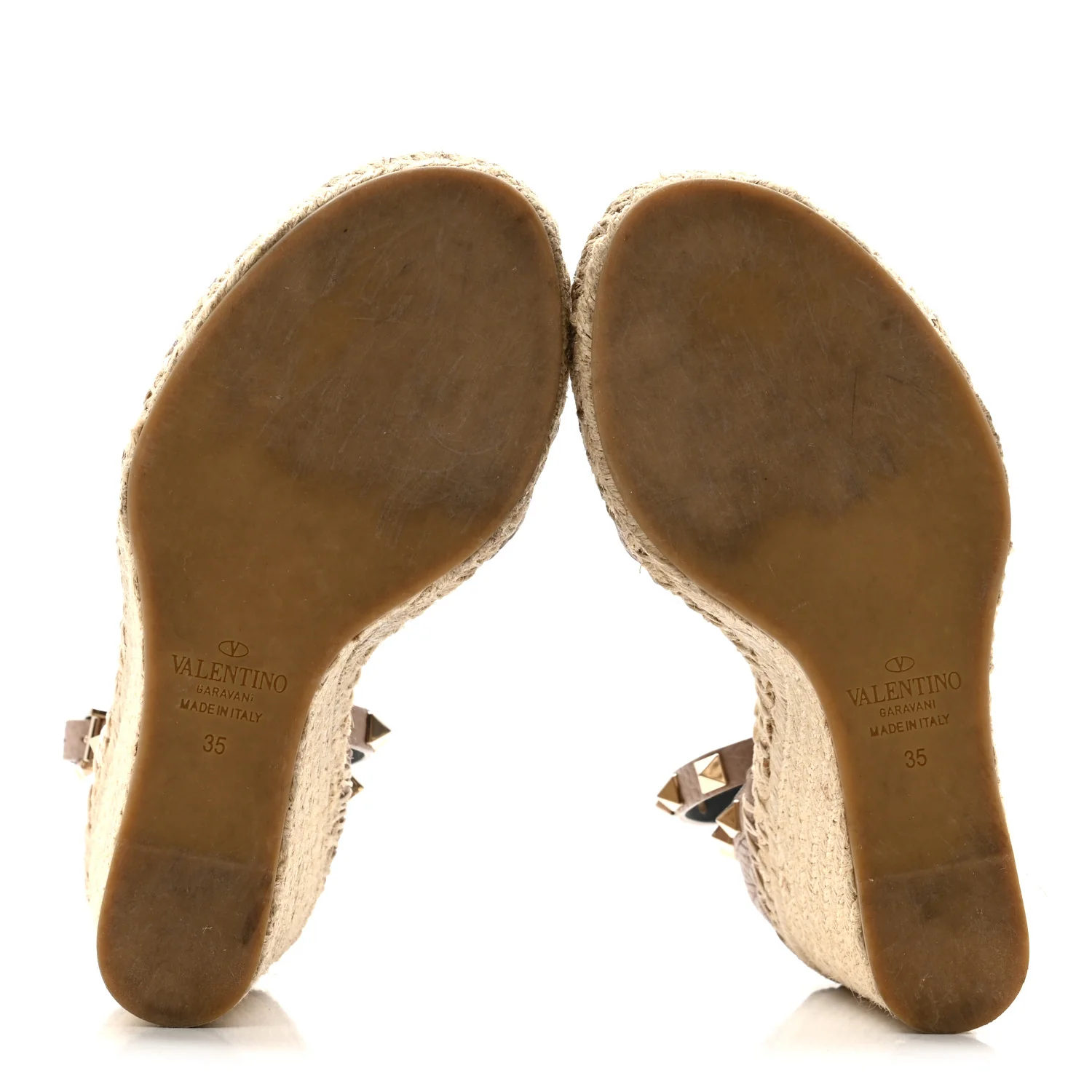 Grained Calfskin Rockstud Ankle Strap Espadrille 15/105mm Wedge Sandals 35 Rose Quartz Natural - Top Club
