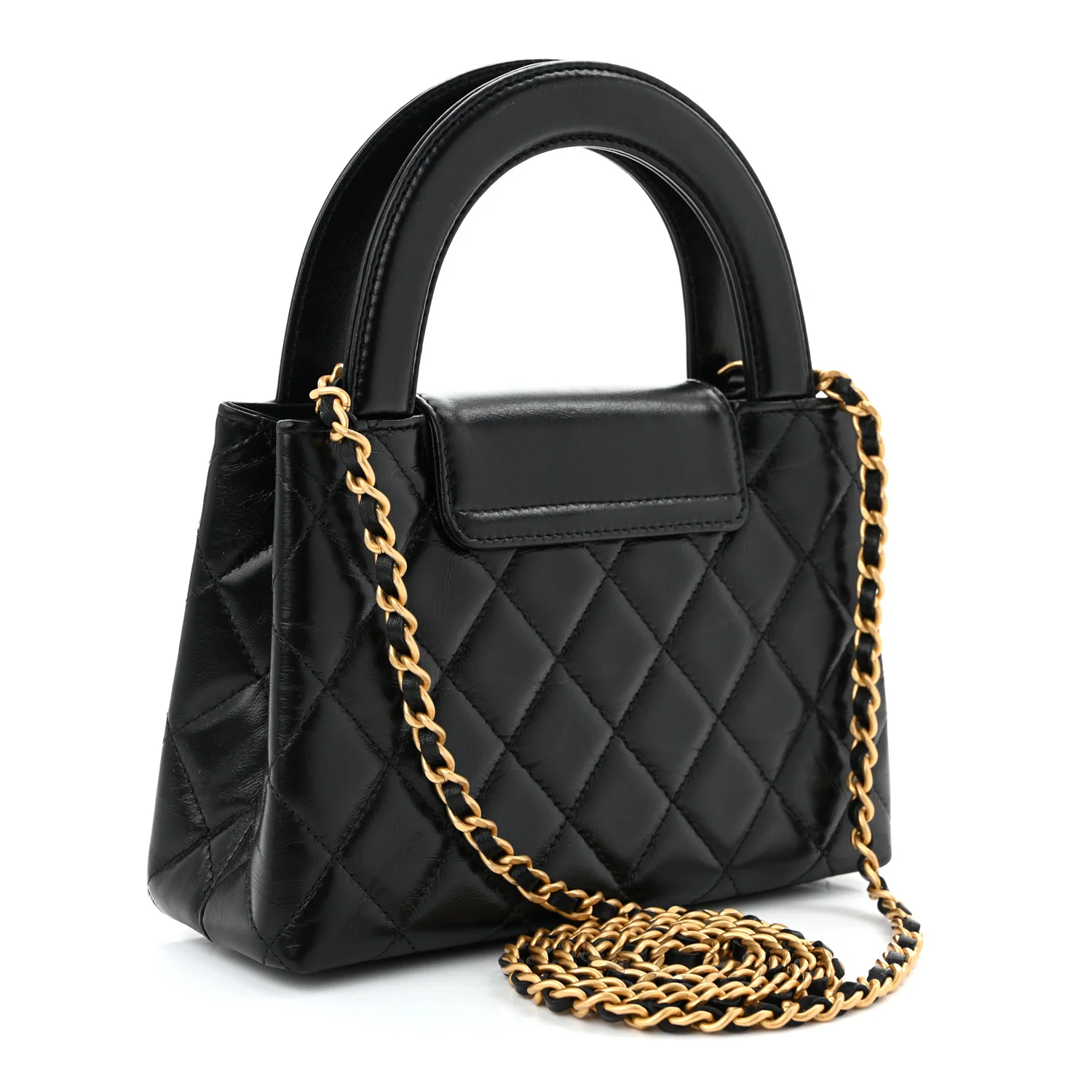 Shiny Aged Calfskin Quilted Nano Kelly Shopper Black - Top Club
