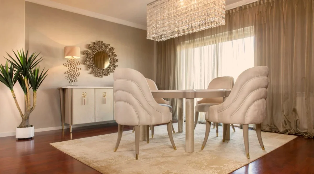 Luxury dining room set cream / taupe / gray / gold - 1 marble dining table & 4 dining chairs with elegant velvet fabric - Luxury dining room furniture - Luxury quality - Made in Italy