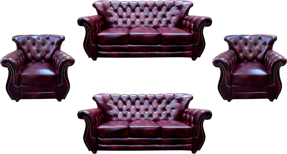 Luxury Chesterfield real leather living room set Bordeaux red / brown / silver - 2 leather sofas & 2 leather armchairs - Chesterfield living room furniture