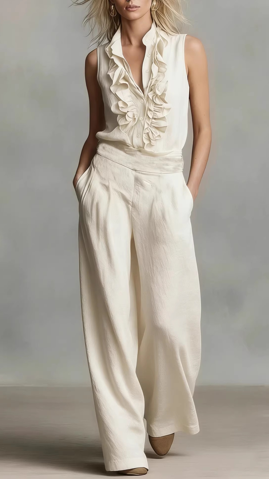 Women's Simple Linen-Blend Sleeveless Shirt and Wide-Leg Pants Set - Nordfashionstorm - Women's Clothing, Fashion for You - Nordfashionstorm.com