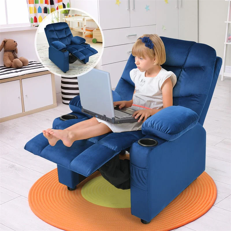 Kids Recliner Chair Adjustable Velvet Lounge Sofa with Cup Holders, 3 Pockets, Retractable Footrest, Toddler Furniture Sofa for Boys Girls Room