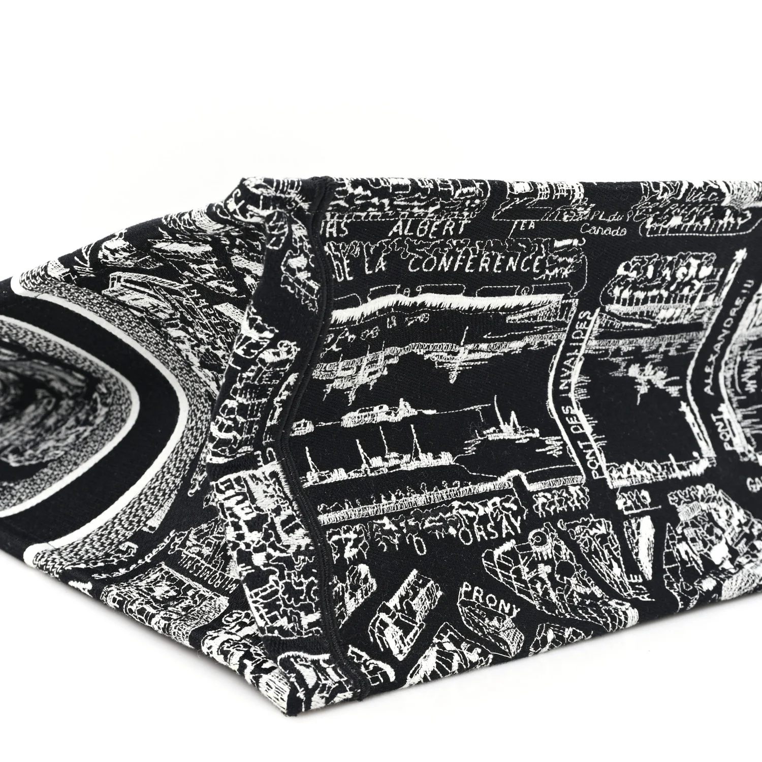 Canvas Embroidered Large Plan De Paris Book Tote Black White - Top Club