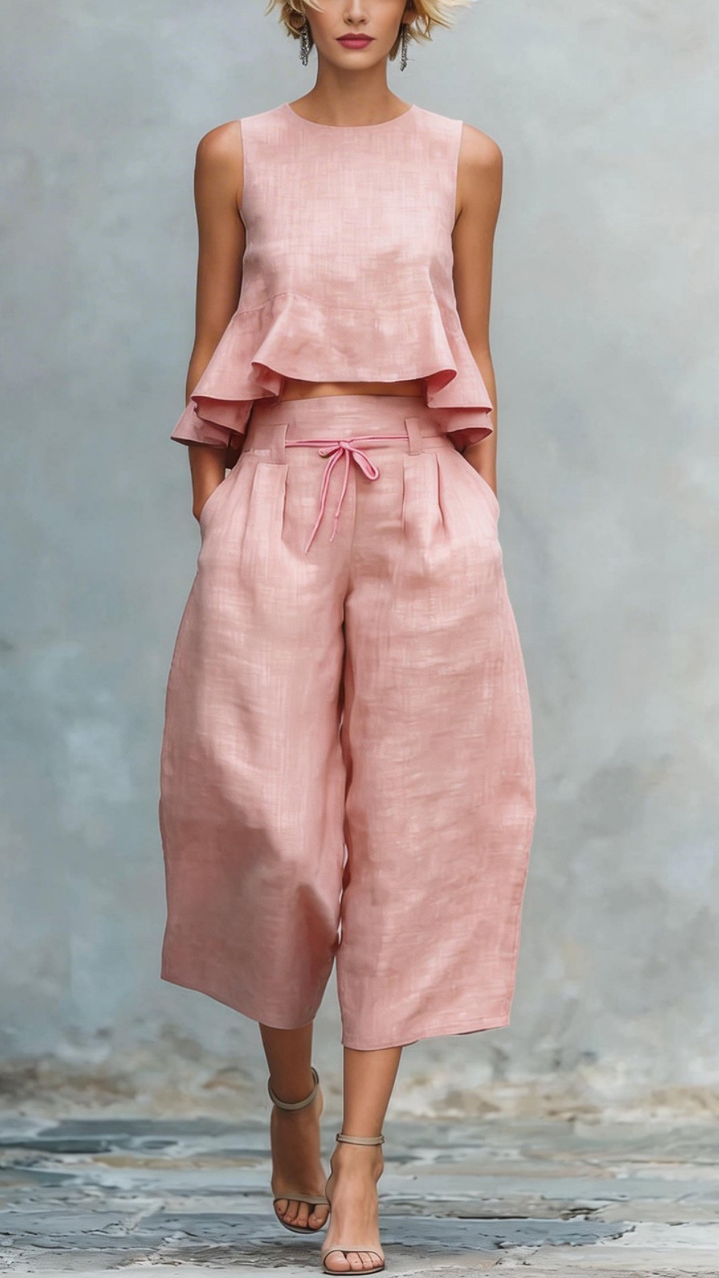 Women's two-piece linen blend set with ruffled trim. - Nordfashionstorm - Women's Clothing, Fashion for You - Nordfashionstorm.com