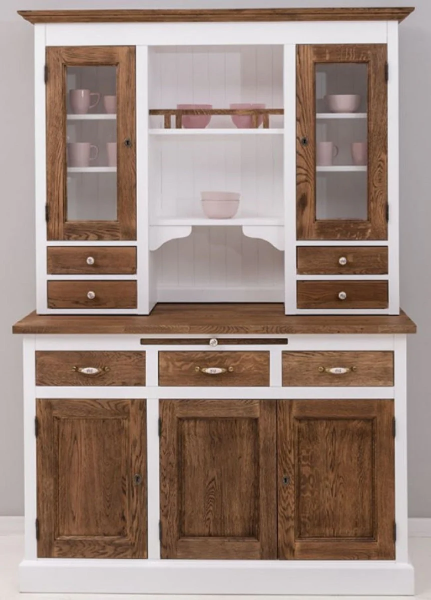 Country house style dining room cabinet white / dark brown 137 x 50 x H. 197 cm - solid wood kitchen cabinet - dining room furniture in country house style - country house style dining room furnishings