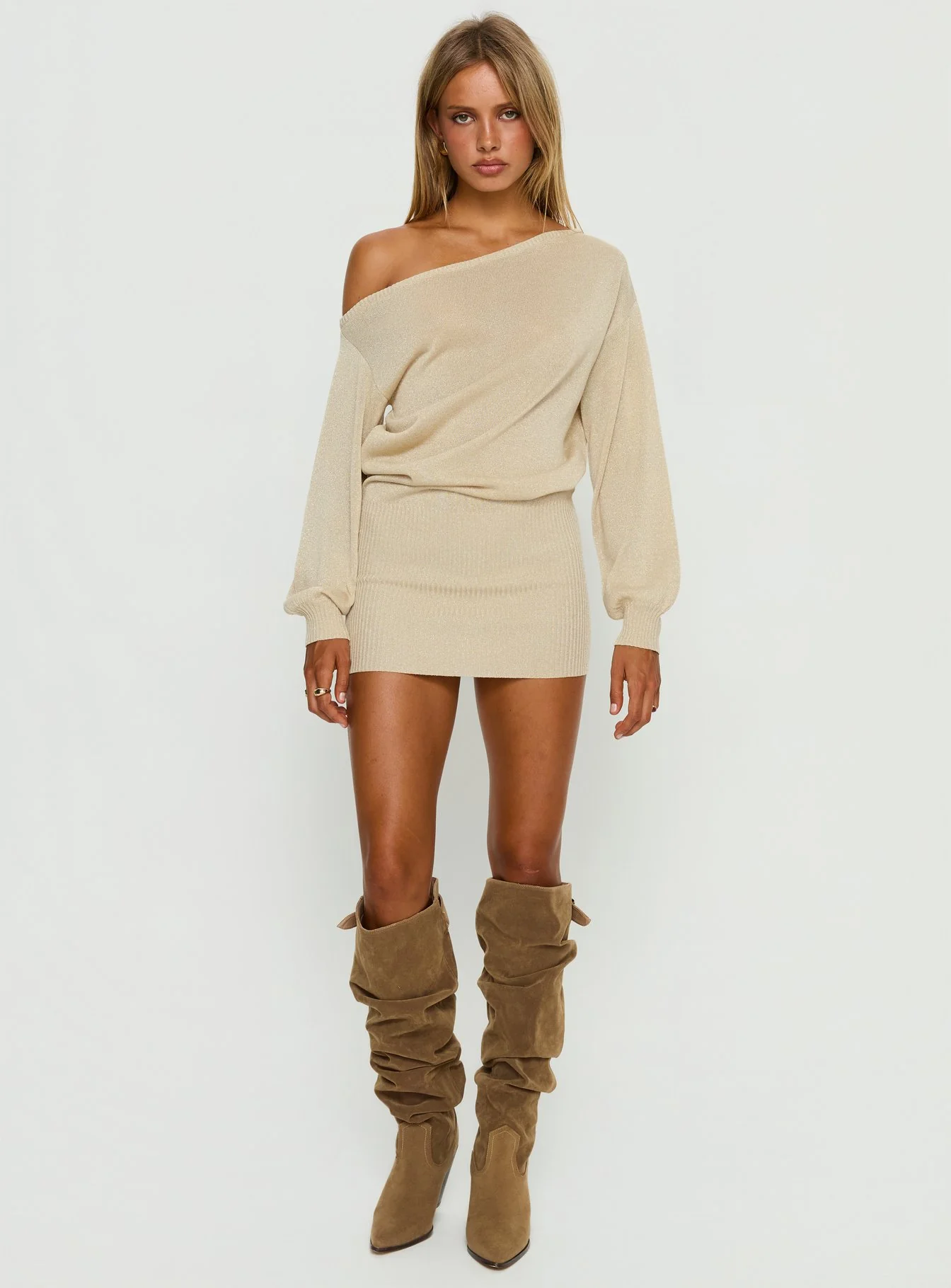 Johannah Off Shoulder Long Sleeve Knit Mini Dress Gold