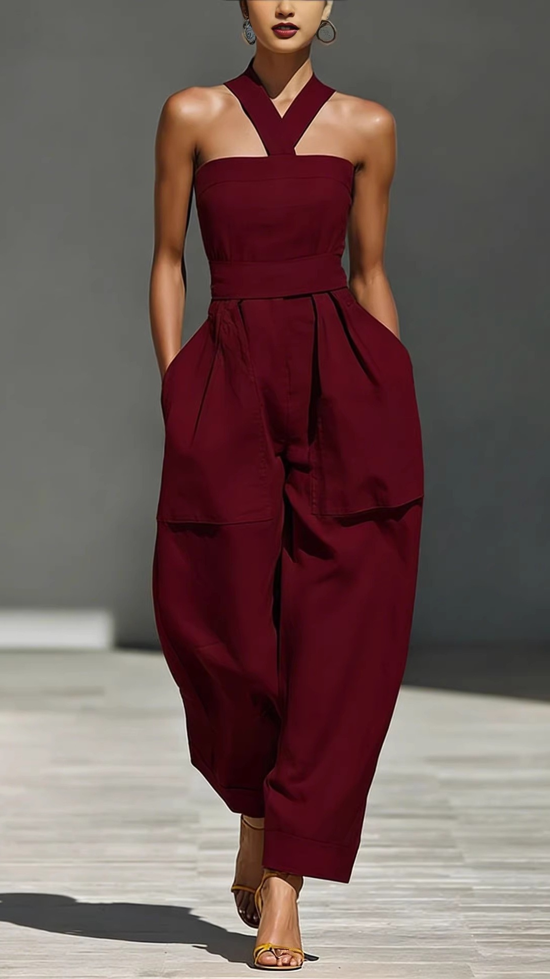 Women's Linen Blend Crossover Halter Neck Loose Fit Jumpsuit - Nordfashionstorm - Women's Clothing, Fashion for You - Nordfashionstorm.com