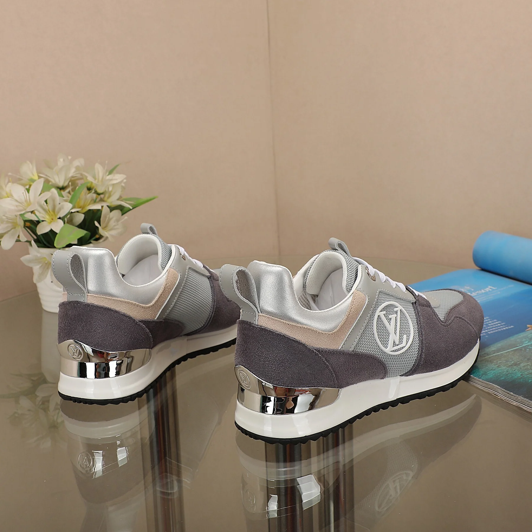 Louis Vuitton Women's Grey Mesh and Suede Sneakers with Iconic Logo - Sneaker Replica Workshop