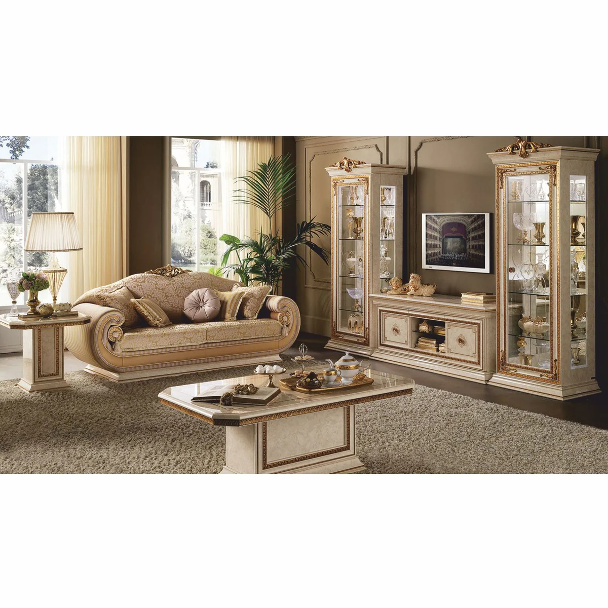 Luxus Barock Sofa Gold / Creme 228 cm - Barock Möbel - Made in Italy