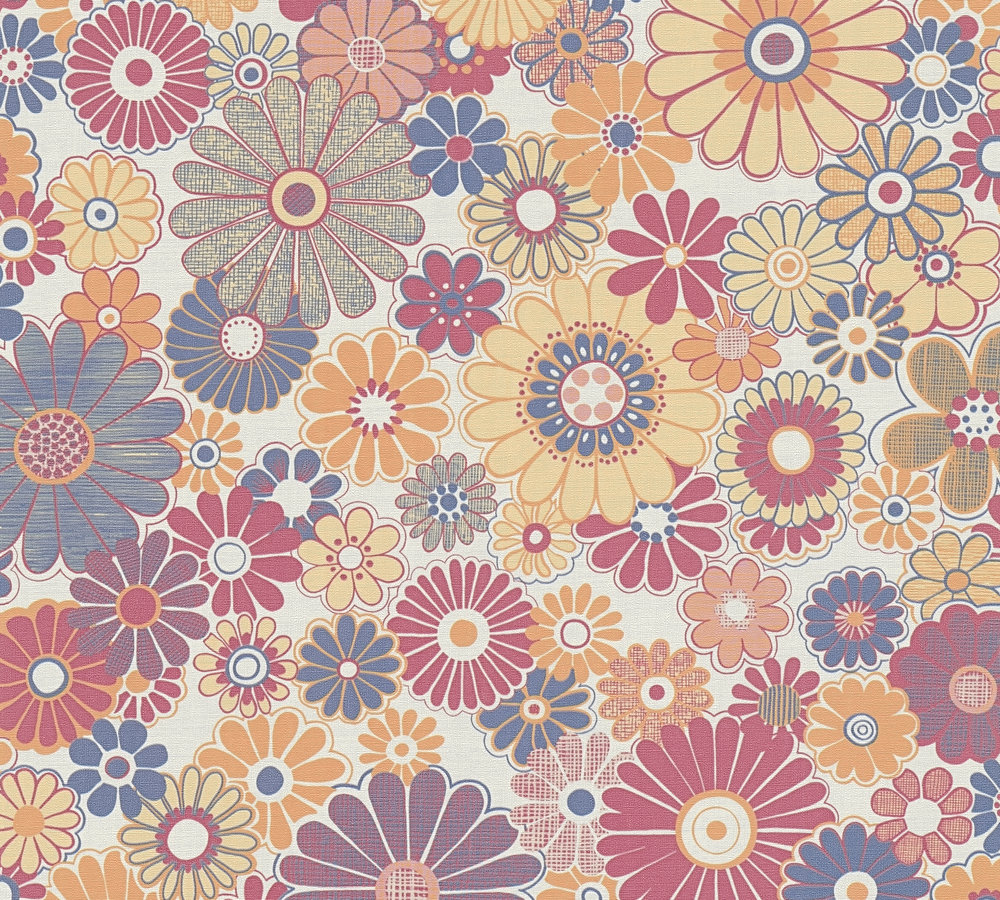 Retro vliesbehang met bloemmotief – rood, blauw, oranje #1