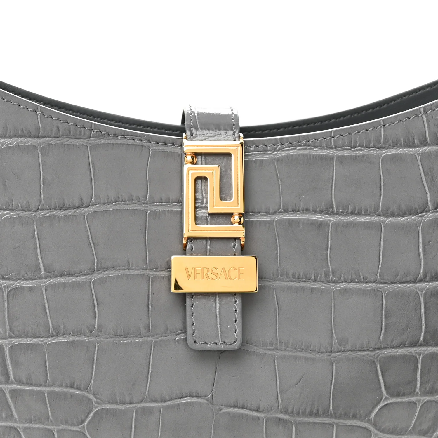 Calfskin Crocodile Embossed Large Greca Goddess Bag Charcoal - Top Club