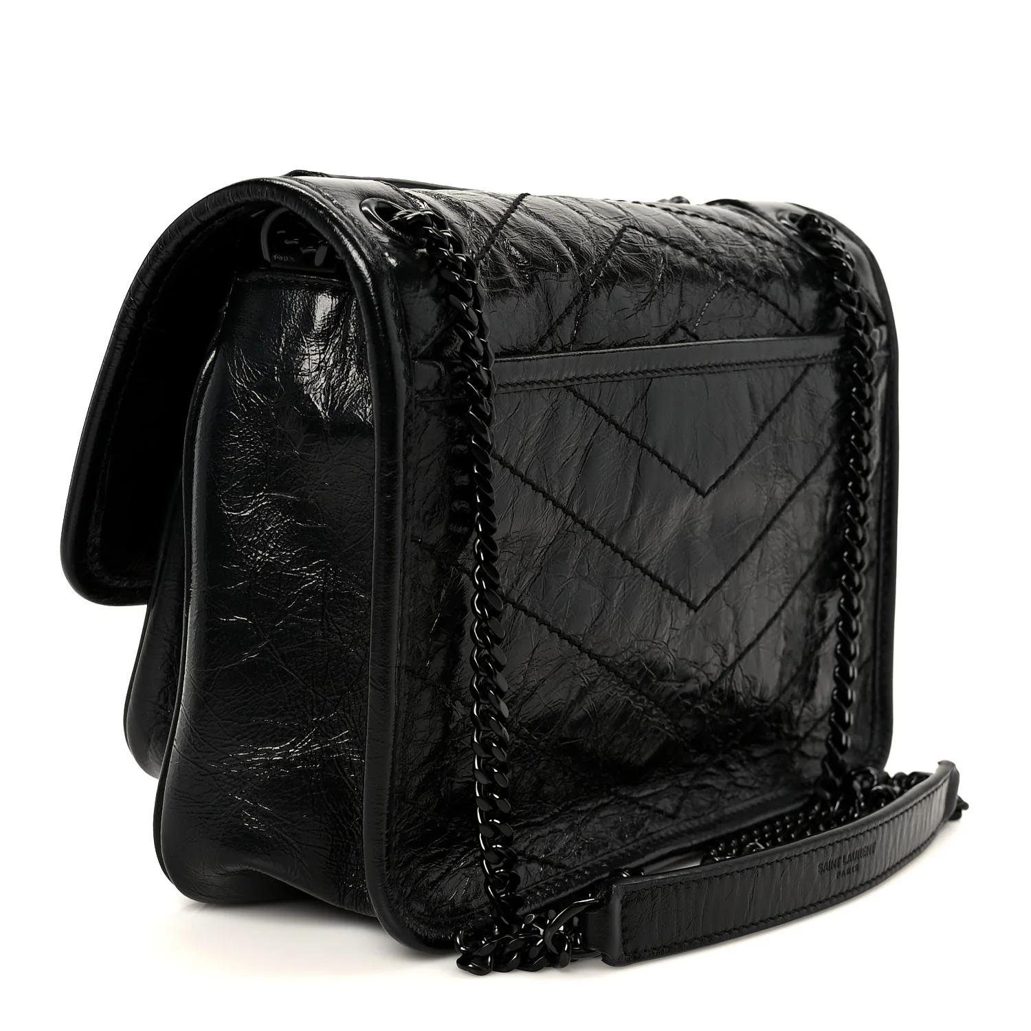 Crinkled Calfskin Matelasse Monogram Baby Niki Chain Satchel Black