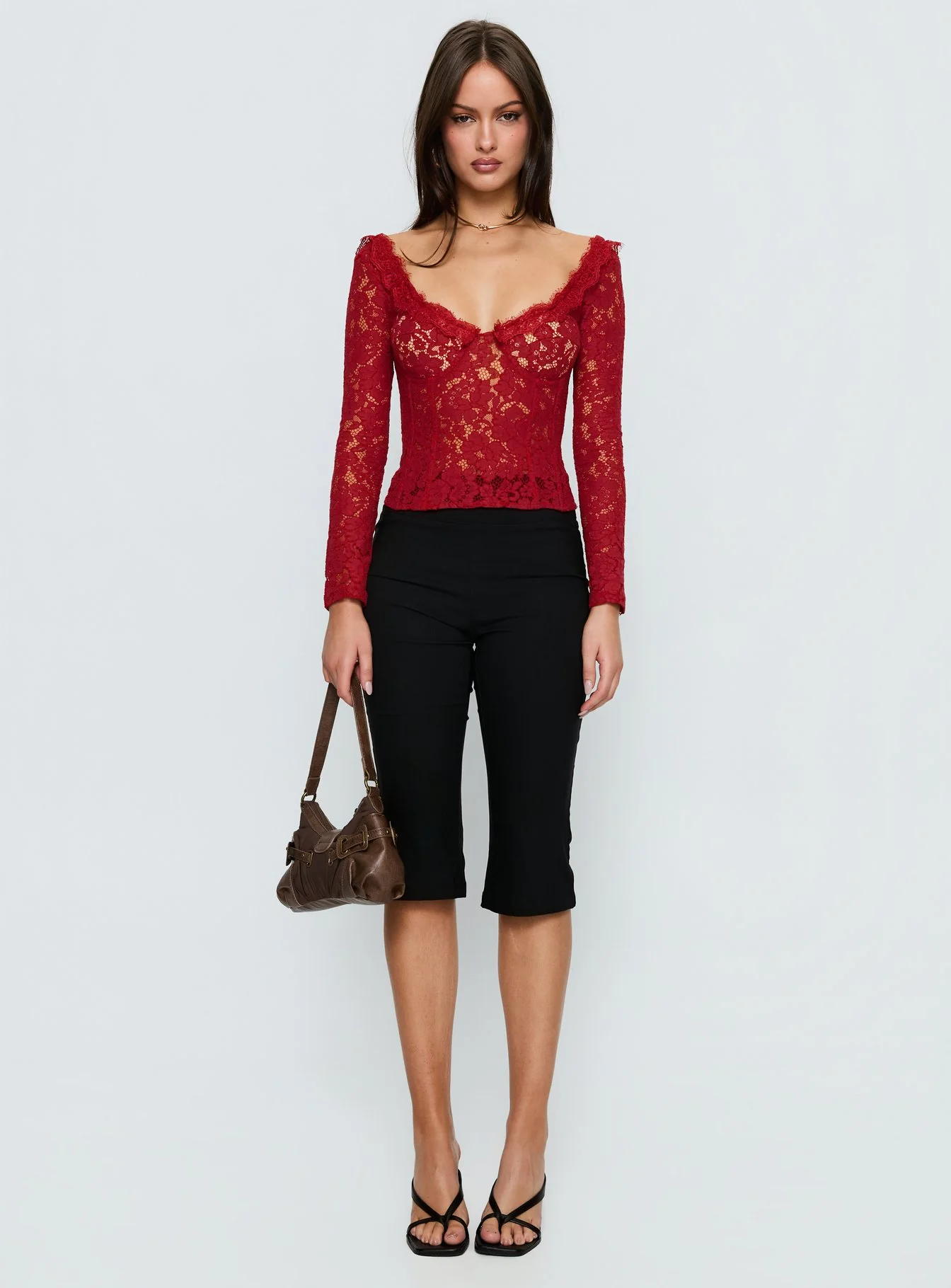 Miquela Long Sleeve Corset Lace Top Red