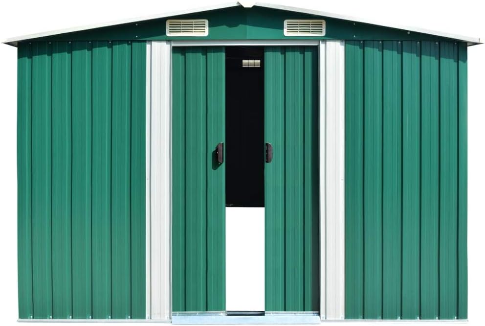 Gecheer Casetta da giardino in metallo, soluzione di archiviazione esterna con doppia porta scorrevole, 257 x 580 x 181 cm, struttura in acciaio zincato, per attrezzi e mobili da giardino