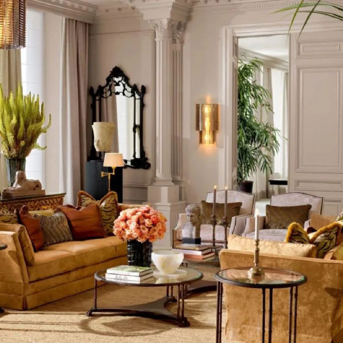 Luxury baroque side table with bronze glass top Ø 62 x H. 64 cm