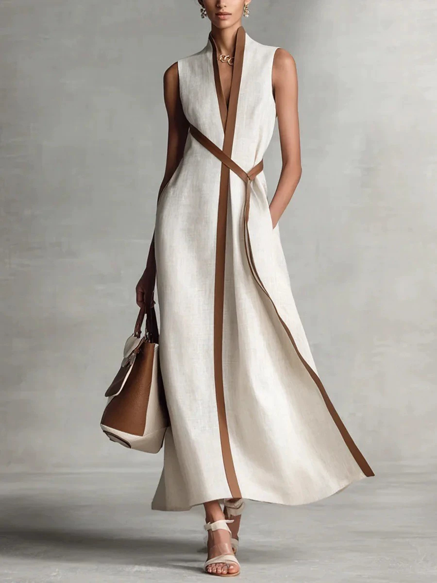 Daily White Colorblock Stand-Up Collar Pocket Boho Contrast Linen Maxi Dresses - Nordfashionstorm - Women's Clothing, Fashion for You - Nordfashionstorm.com