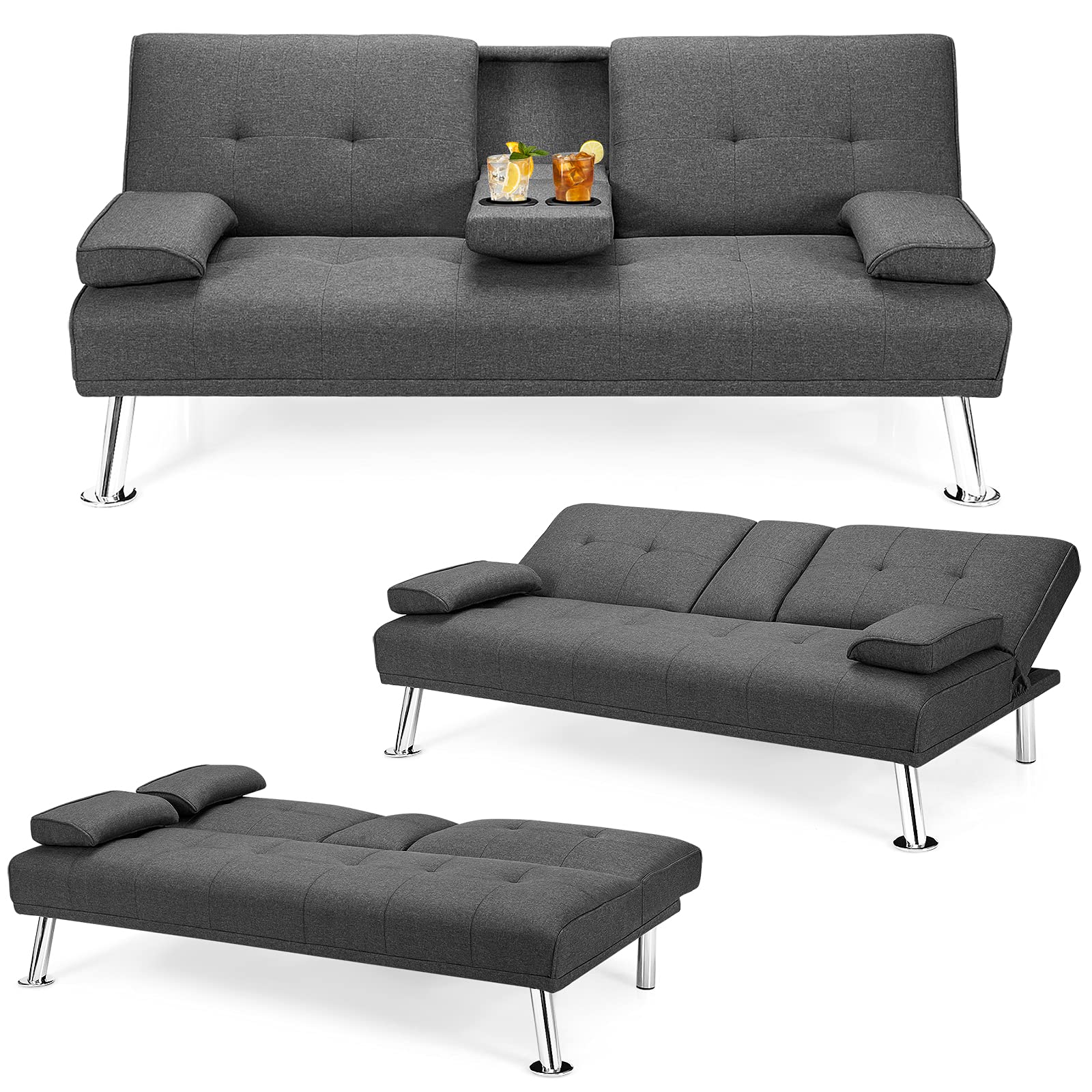 BEFOUNDLOVELY Convertible Futon Sofa Bed with Adjustable Backrest & Removable Armrests, 2 Cup Holders