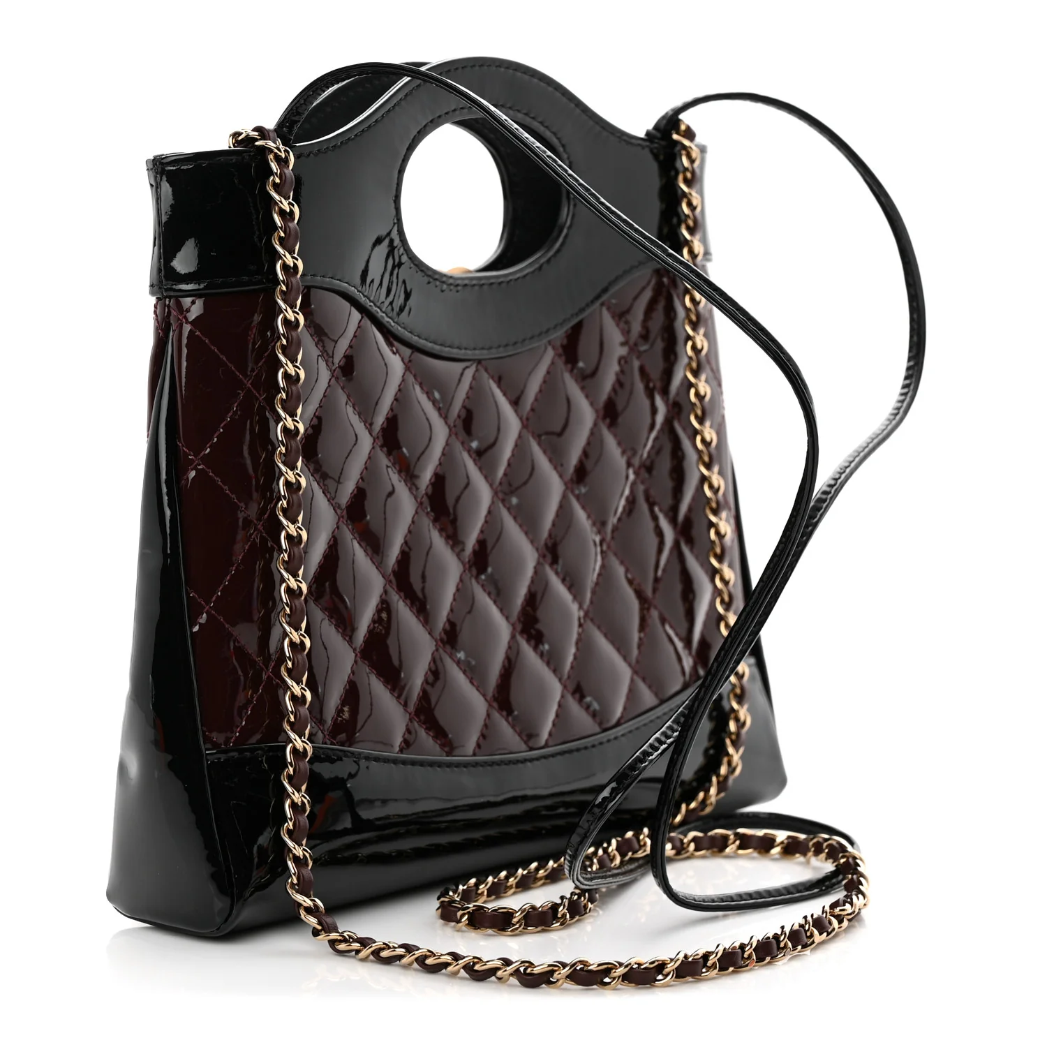 Patent Calfskin Quilted Mini 31 Shopping Bag Burgundy Black - Top Club