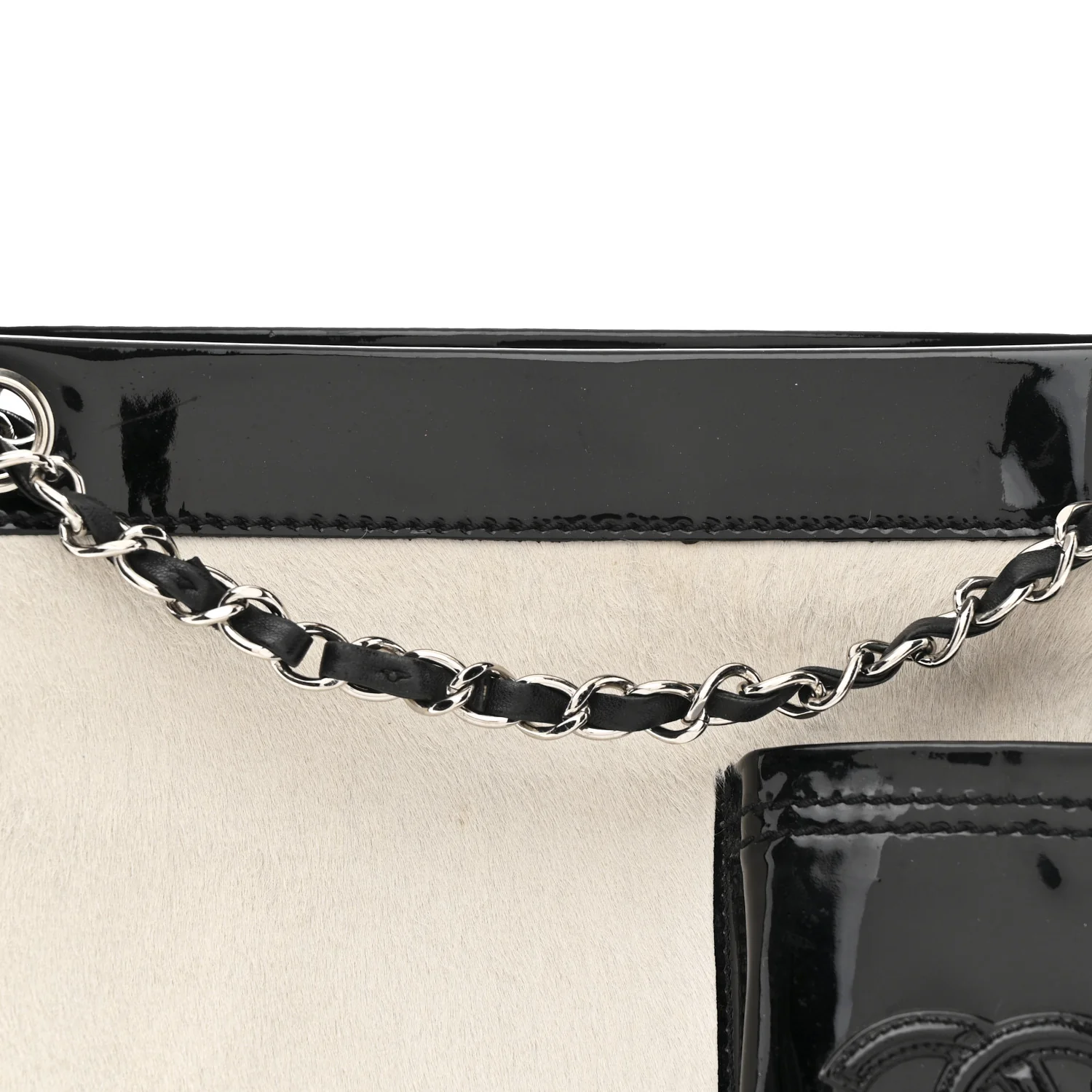Patent Pony Hair Small Pocket Tote Black White - Top Club