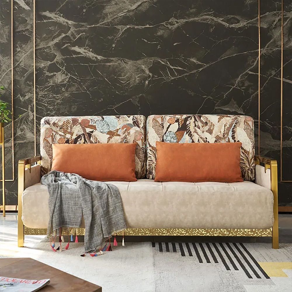 Modern Queen Convertible Sleeper Sofa Gold Metal Beige Upholstered Sofa Bed Cushions