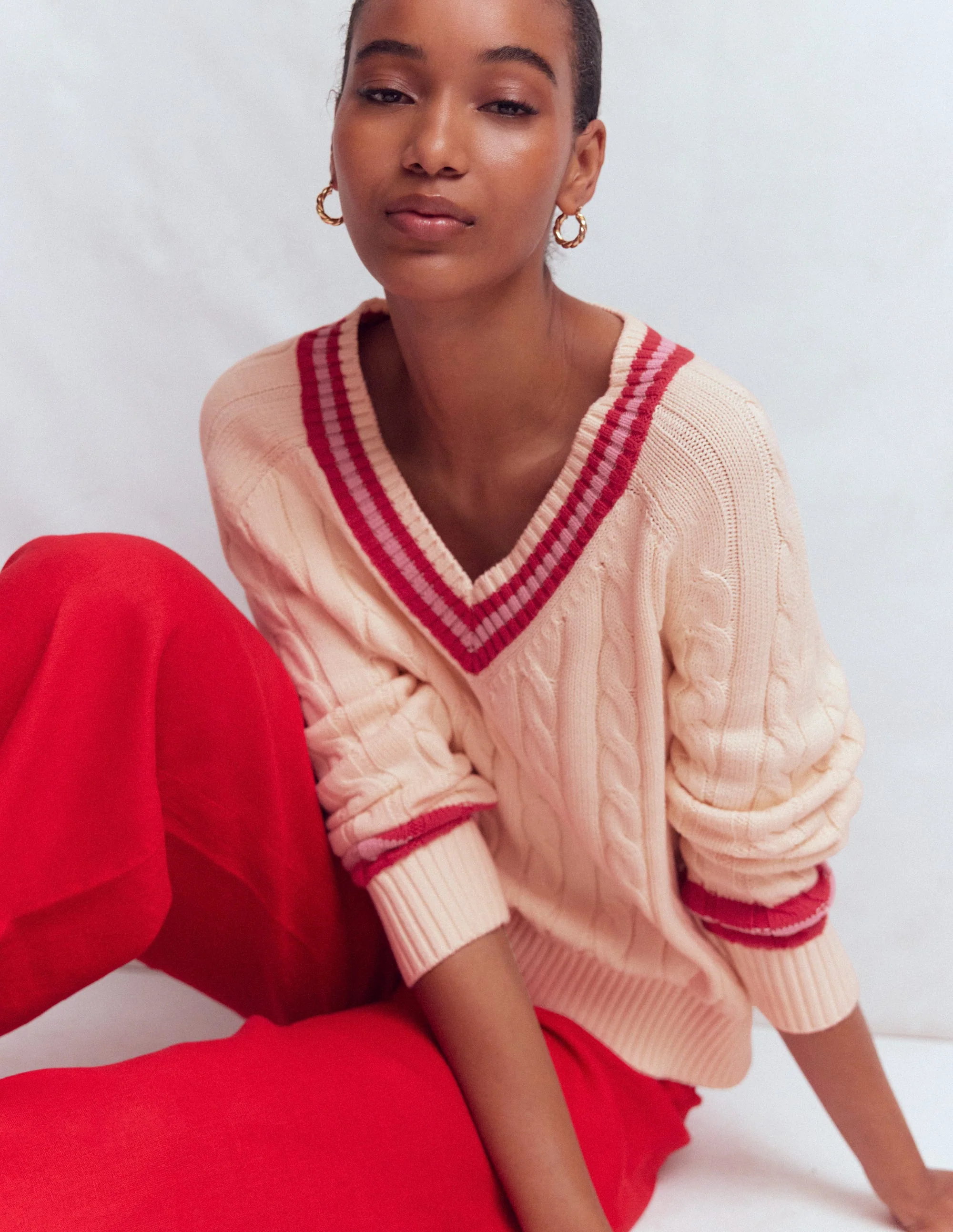 Maeve Texturierter Baumwollpullover-Naturweiß Zopfmuster, Rot