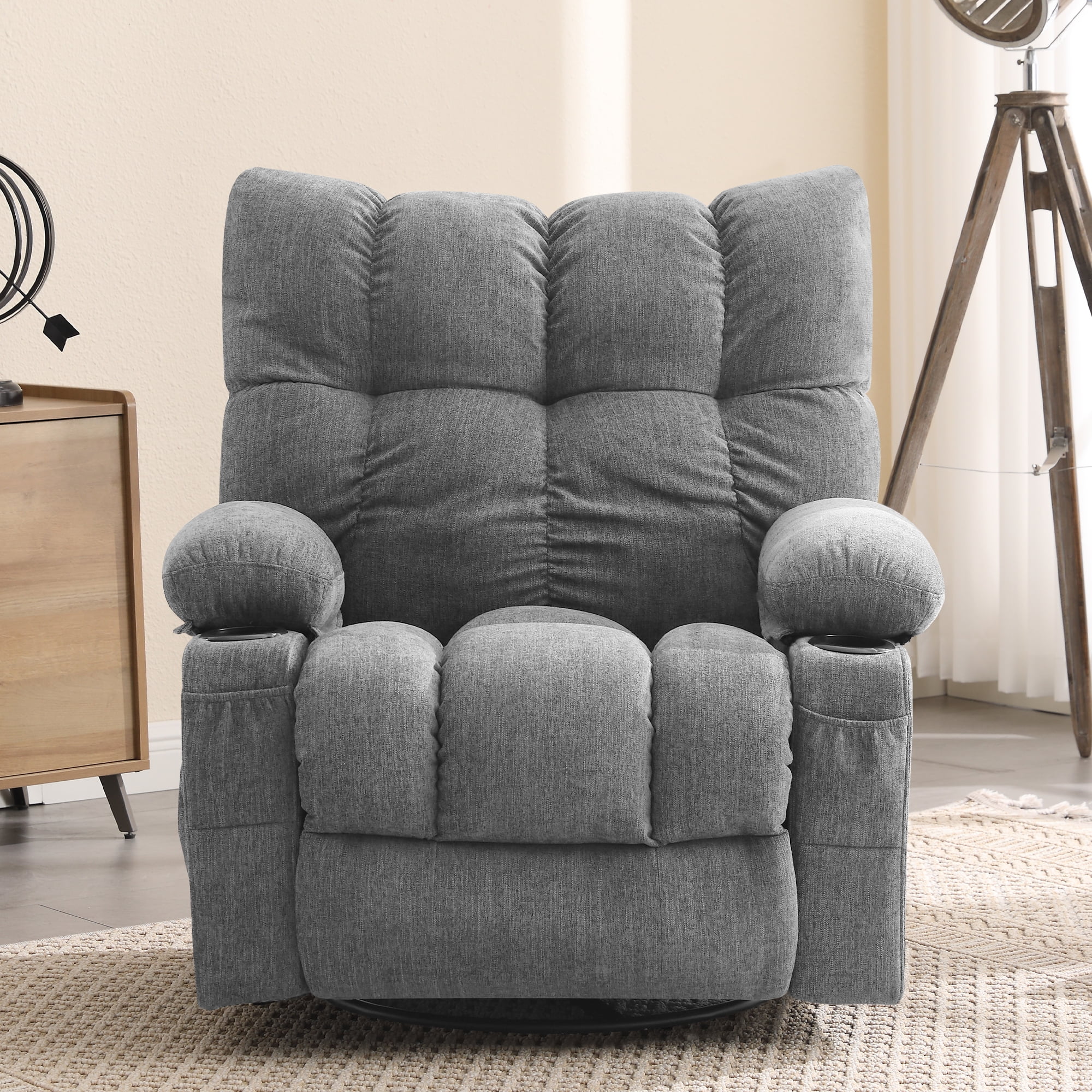 JONPONY Manual Recliner Chair with Heat Therapy and Massage Function, Heavy Duty Reclining Mechanism Massage Chair, Elderly Single Rocker Sofa with Cup Holders for Bedroom Home Theater, Grey