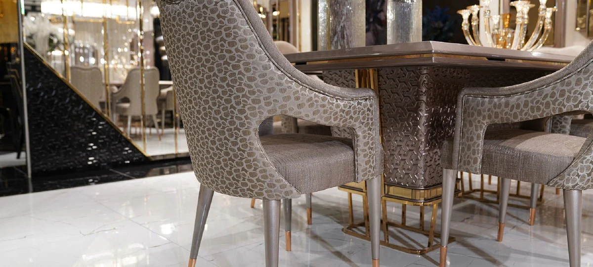 Luxury Dining Room Set White / Gray / Gold - 1 Luxury Dining Table & 6 Luxury Dining Chairs - Luxury Dining Room Furniture
