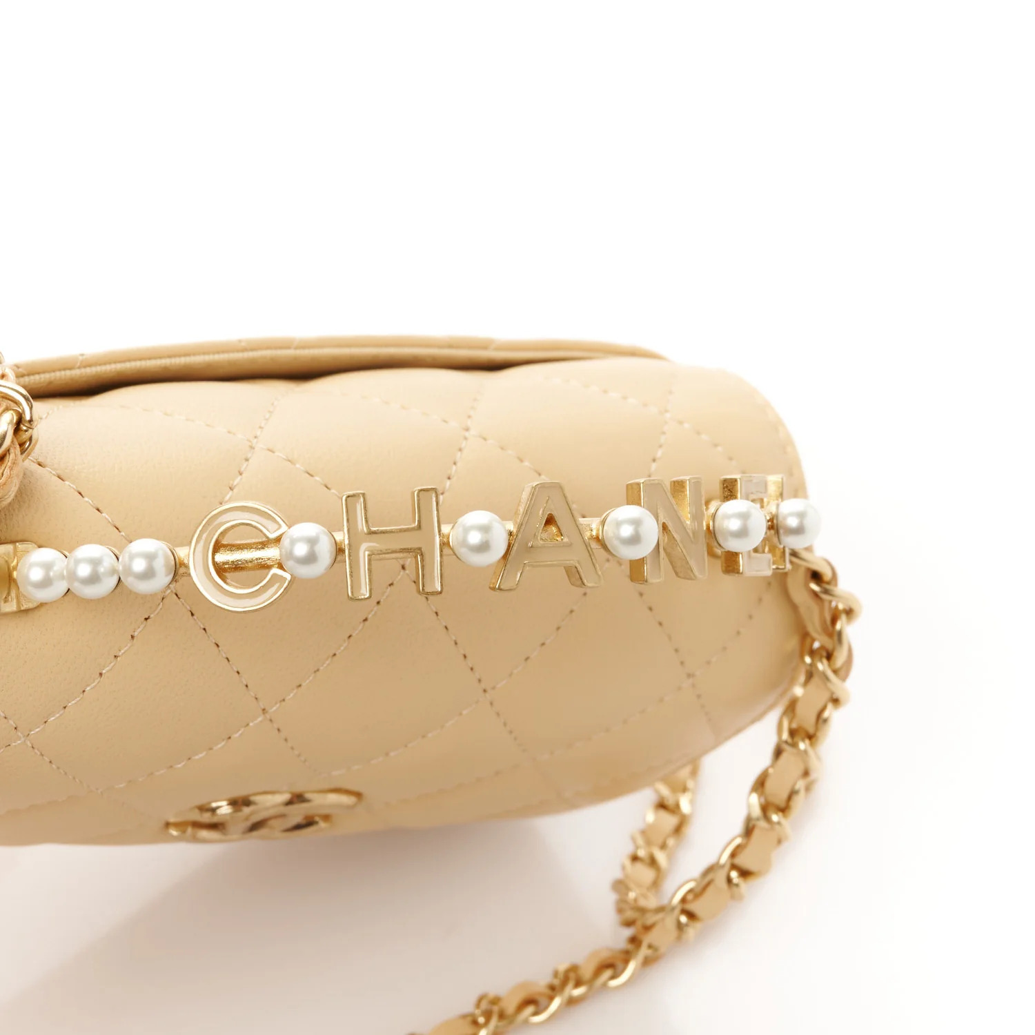 Lambskin Quilted Pearl Top Handle Flap With Chain Beige - Top Club