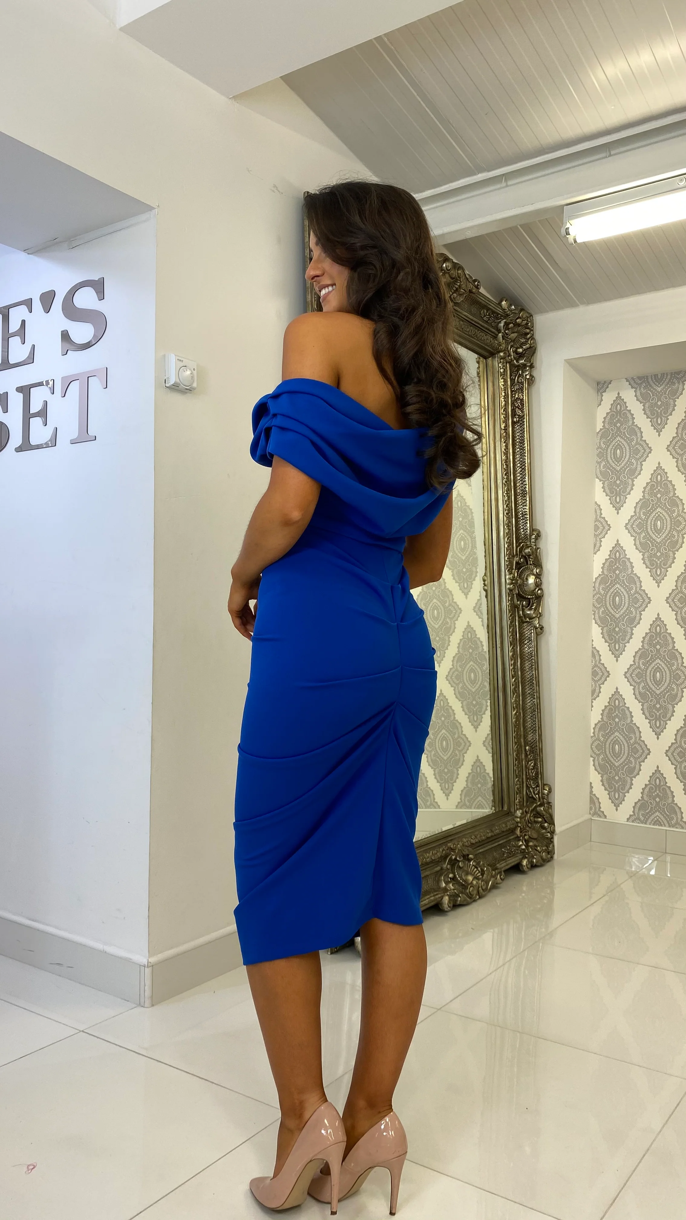 Cobalt Blue Drape Shoulder Midi Bodycon Dress
