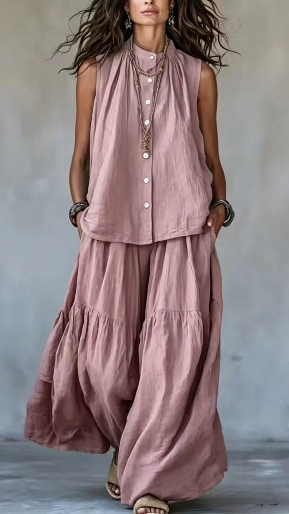 Women's Two-Piece Set: Stand-Collar, Sleeveless Top with Front Placket & Wide-Leg Pants - Nordfashionstorm - Women's Clothing, Fashion for You - Nordfashionstorm.com