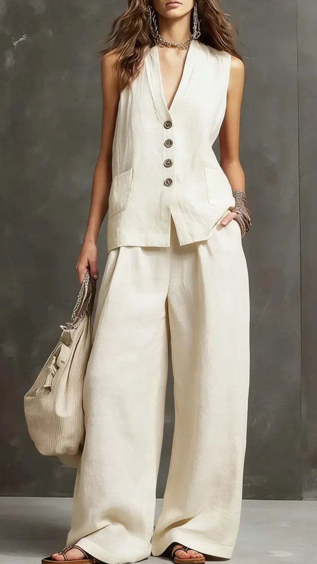 Women's Cotton-Blend Light Blue V-Neck Sleeveless Loose Set - Nordfashionstorm - Women's Clothing, Fashion for You - Nordfashionstorm.com