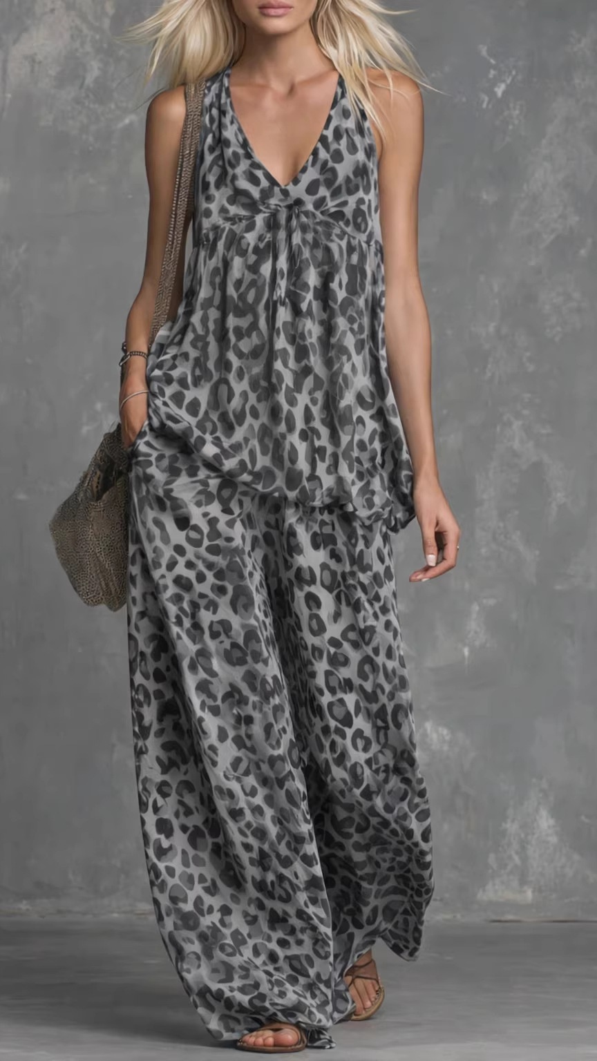 Women's Two-Piece Set: Leopard Print Sleeveless Top and Printed Trousers - Nordfashionstorm - Women's Clothing, Fashion for You - Nordfashionstorm.com