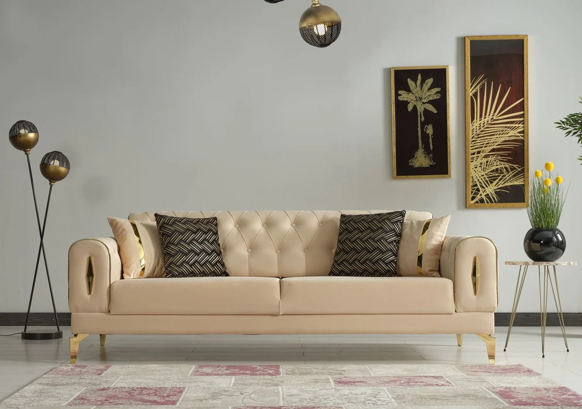 Luxury sofa bed beige / gold 225 x 95 x H. 83 cm - Living room sofa with 4 cushions - Luxury living room furniture