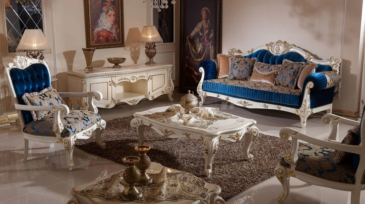 Luxury baroque living room set blue / brown / white / gold - 2 baroque sofas & 2 baroque armchairs & 1 baroque coffee table - living room furniture in baroque style - baroque furniture - baroque furnishings