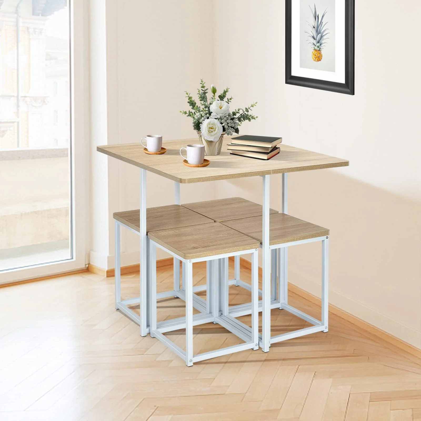 BEFOUNDLOVELY 5 Piece Dining Table Set for 4 (Includes 1 Square Table and 4 Stools)