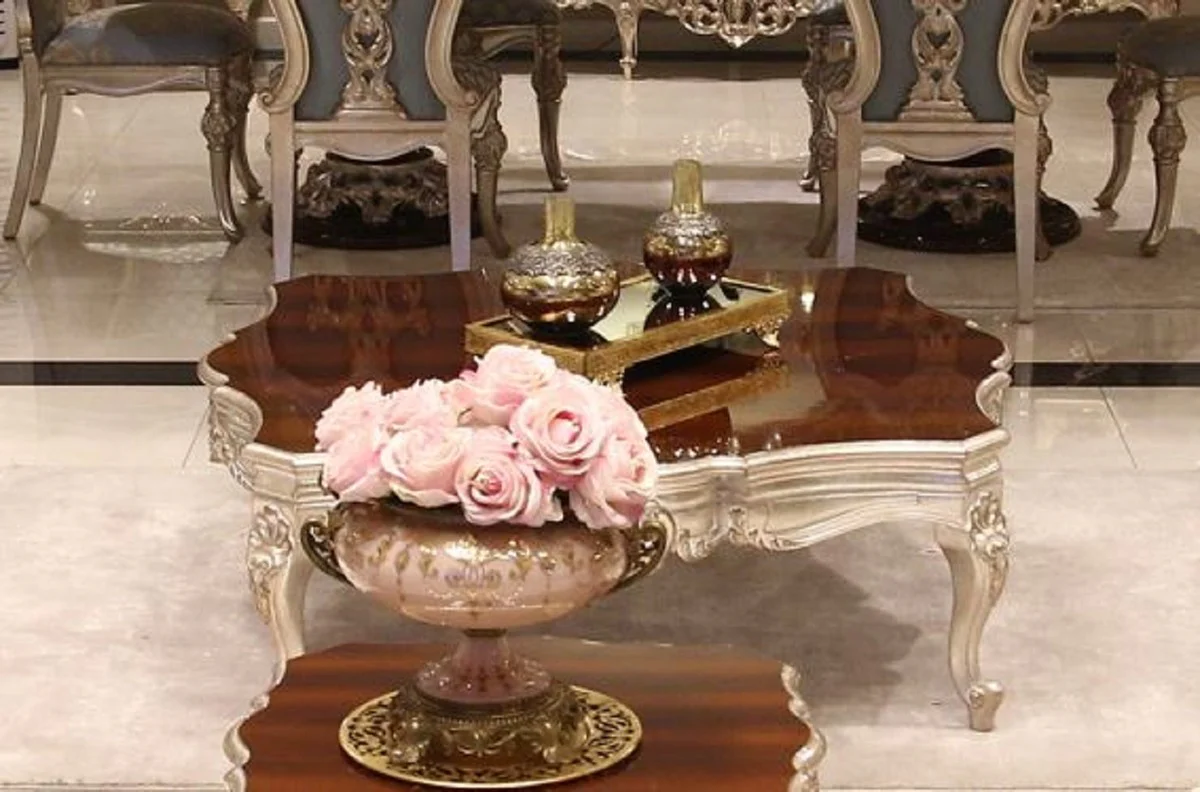 Luxury baroque coffee table dark brown / silver 130 x 130 x H. 47 cm - magnificent solid wood living room table - baroque living room furniture
