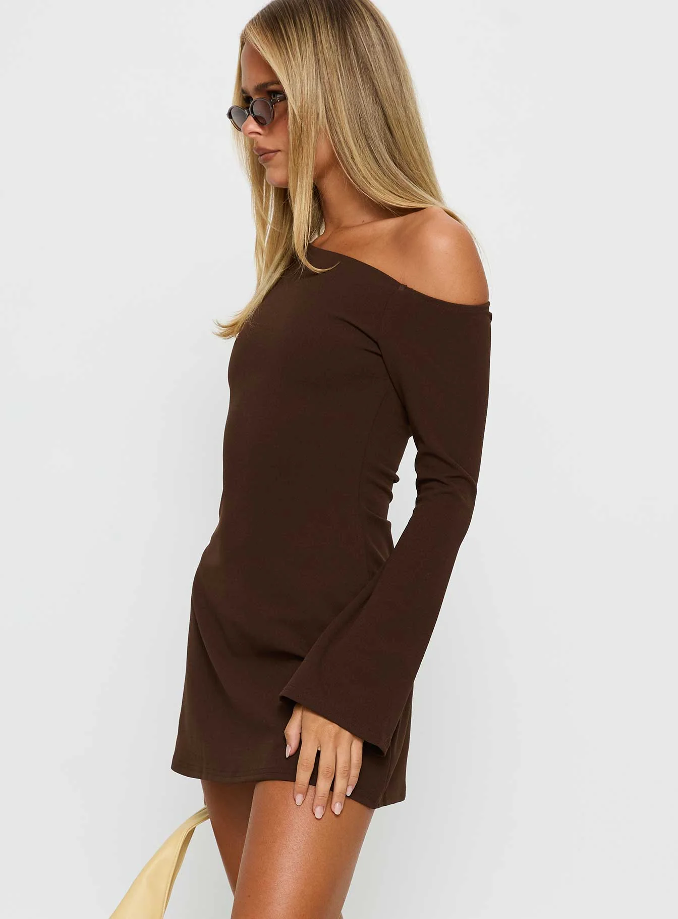 Adrietta Long Sleeve Off Shoulder Mini Dress Brown
