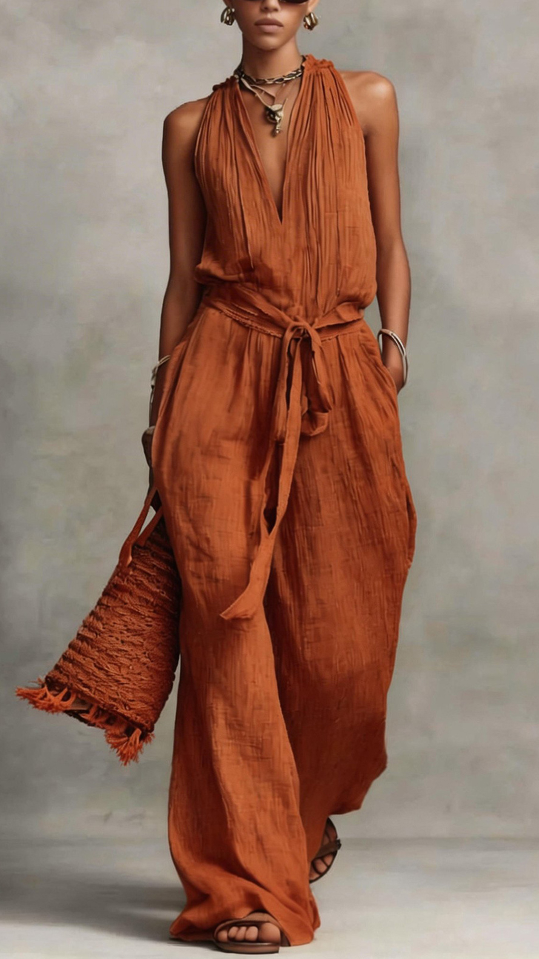 Women's Cotton-Blend Dusty Pink Halter Neck Waisted Jumpsuit - Nordfashionstorm - Women's Clothing, Fashion for You - Nordfashionstorm.com