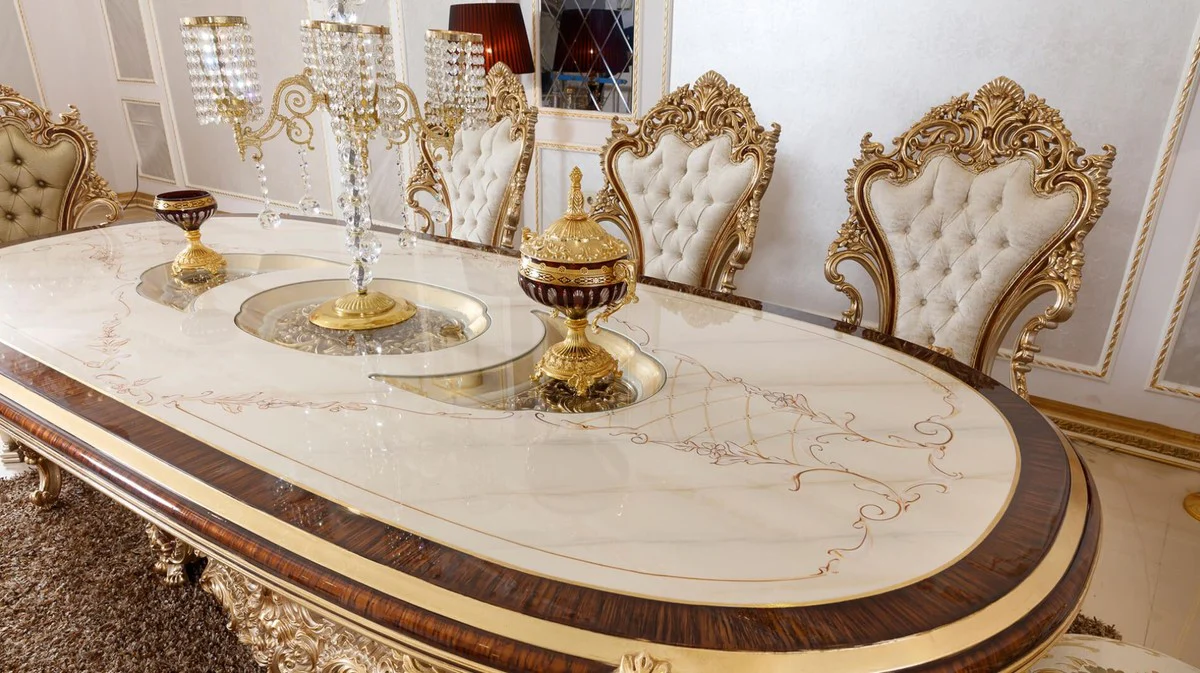 Luxury Baroque Dining Room Set White / Brown / Gold - 1 Baroque Dining Table & 6 Baroque Dining Room Chairs - Baroque Dining Room Furniture - Luxury Furniture in Baroque Style - Noble & Magnificent - Luxury Quality