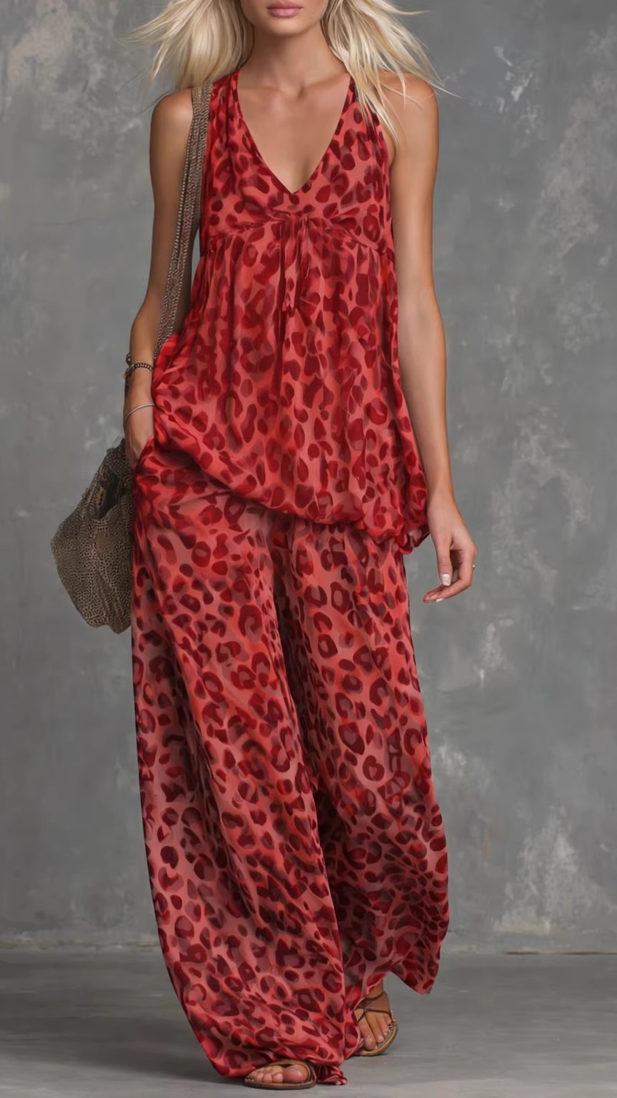 Women's Two-Piece Set: Leopard Print Sleeveless Top and Printed Trousers - Nordfashionstorm - Women's Clothing, Fashion for You - Nordfashionstorm.com