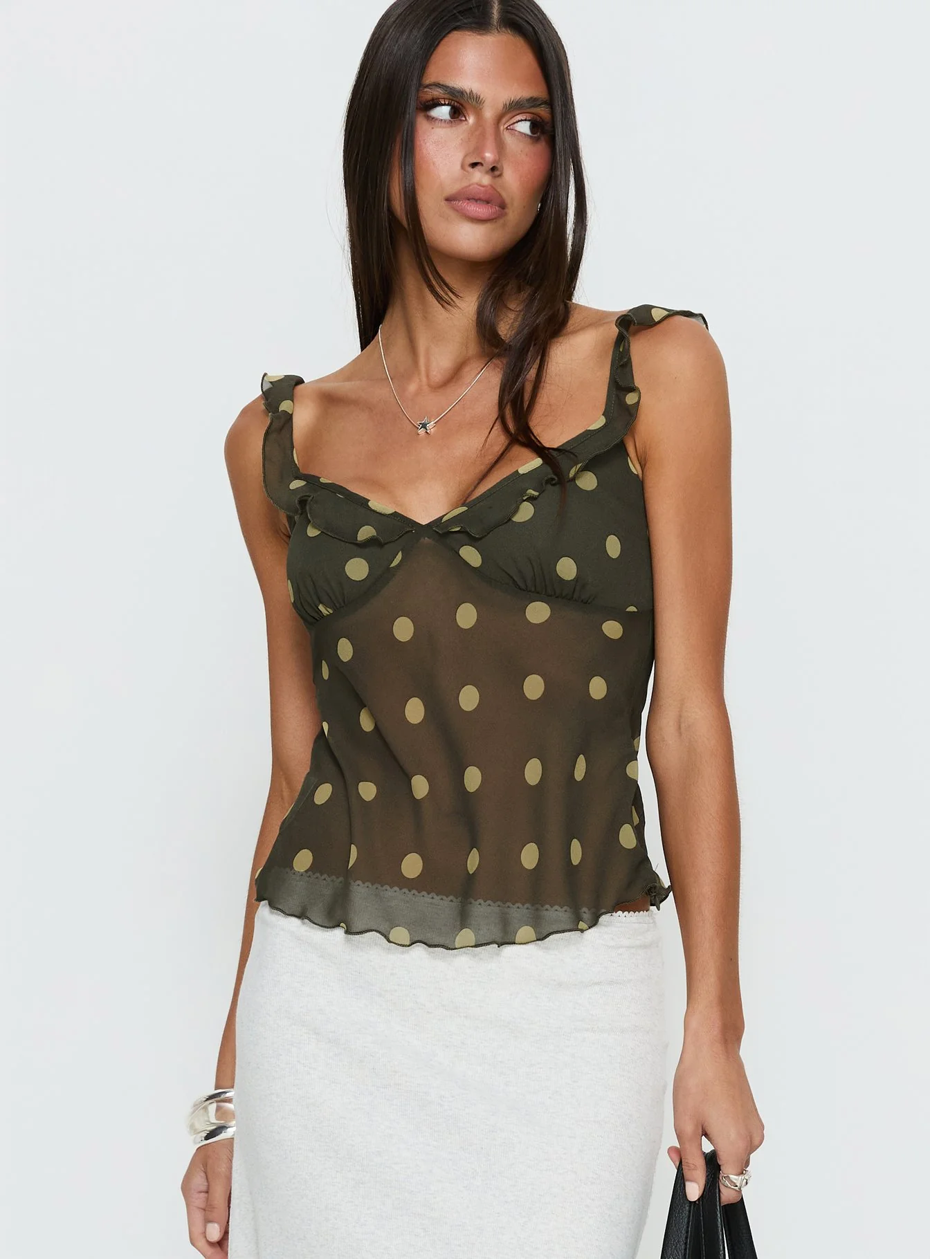 Zayliah Frill Detail Top Green Polka