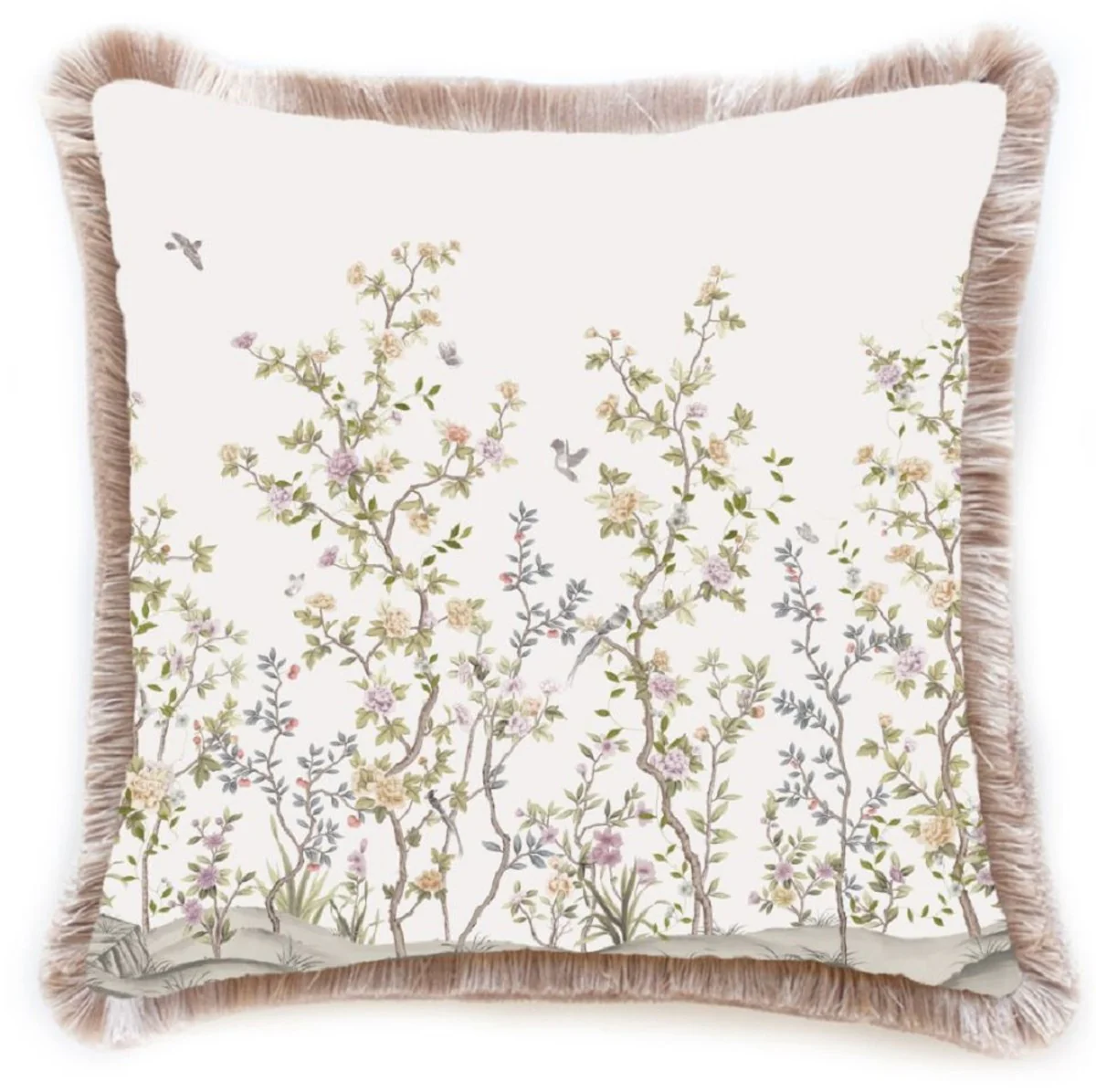 Luxury decorative cushion bushes with flowers & birds white / multicolored / brown 45 x 45 cm - printed velvet cushion with fringes - luxury decorative accessories