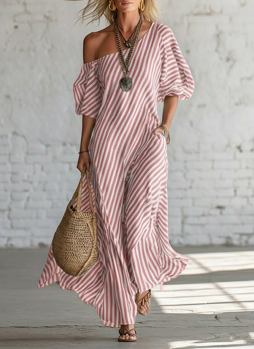 Elegant And Classic Striped Off-shoulder Maxi Dress - Nordfashionstorm - Women's Clothing, Fashion for You - Nordfashionstorm.com
