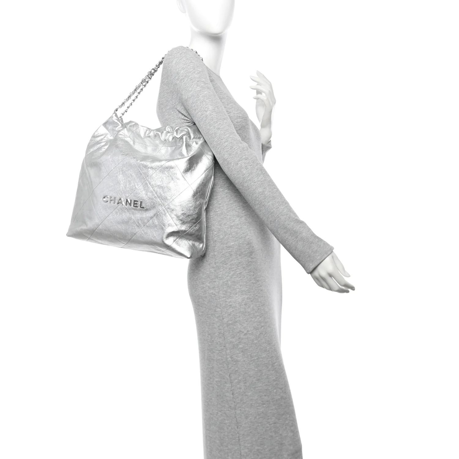 Metallic Calfskin Quilted Chanel 22 Silver