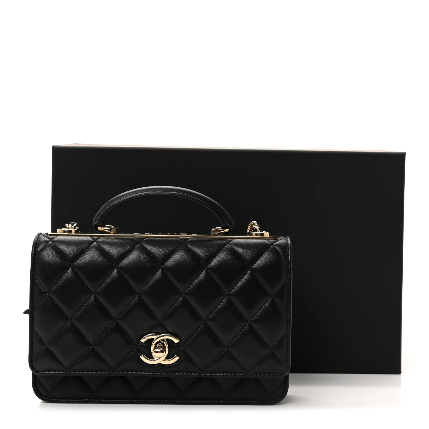 Lambskin Quilted Top Handle Trendy CC Wallet On Chain WOC Black - Top Club