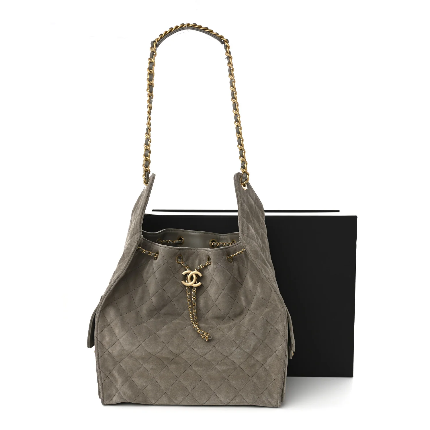 Suede Quilted Medium Chanel 25 Handbag Dark Grey - Top Club