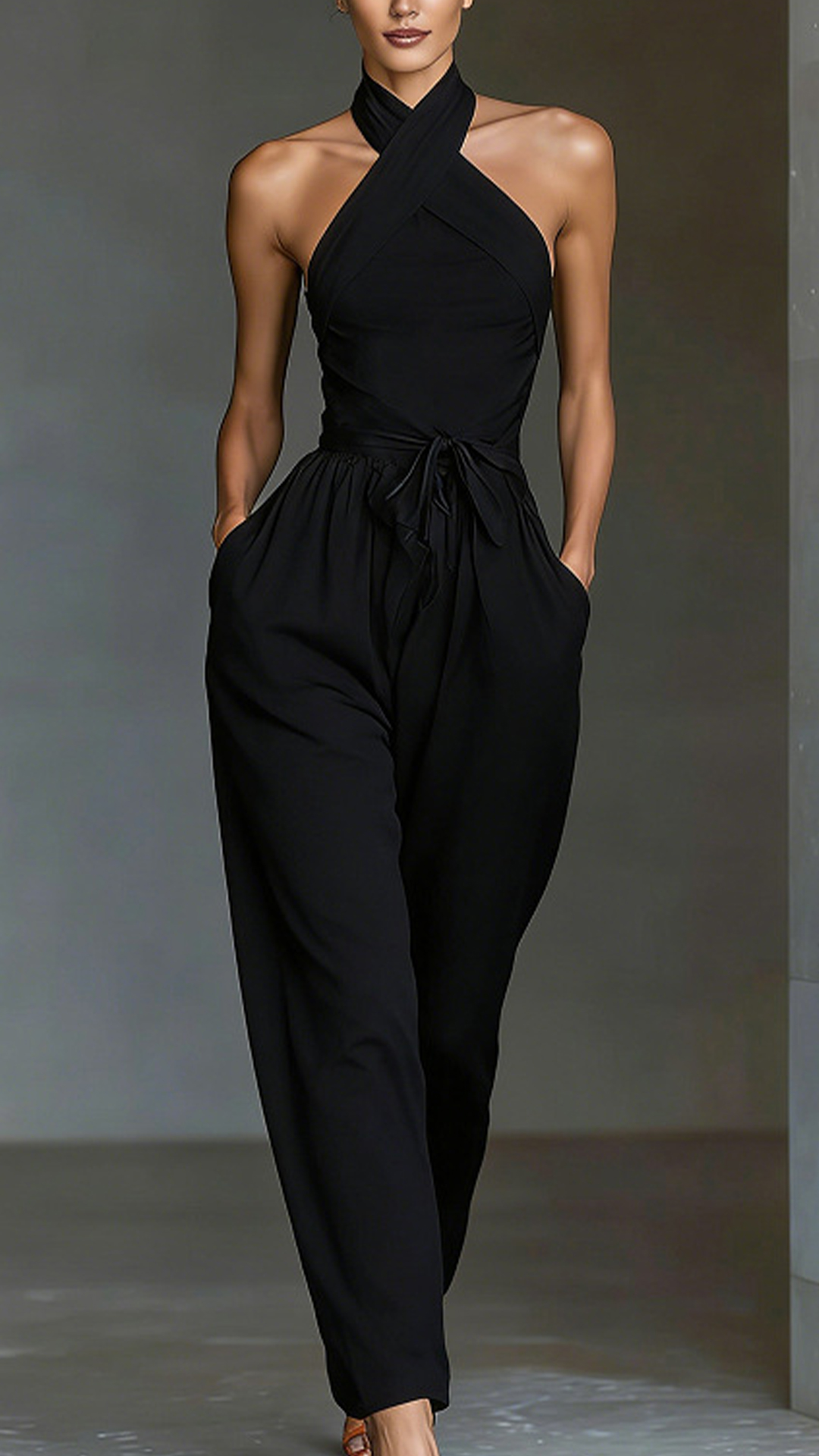 Women's Cotton‑blend Peacock Blue Crisscross Halter Waist‑cinched Wide‑Leg Jumpsuit - Nordfashionstorm - Women's Clothing, Fashion for You - Nordfashionstorm.com